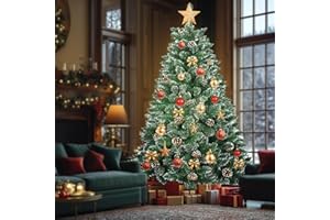 arvioo Künstliche Weihnachtsbaum, Schnee Serie, Tannenbaum Künstlich Im Winterlook mit Kunstschnee & 28 Tannenzapfen & 500 Zweigen, Klappsystem, KEIN Nadeln, aus PVC Schwer Entflammbar, φ105cm(180 cm)