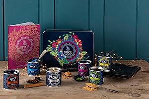 Indian Spice Box Gift Set by Spice Pots - 5 x 40g Spice Blends + Indian Cookbook + Chef's Candle - Indian Spice Tin with Spices - Cooking Gift/Food Gifts for Men & Women