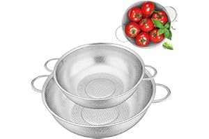 AGHOER Lot de 2 passoires de cuisine avec poignées diamètre 22 cm, passoire à pâtes 19 cm en inox, panier passoire dessus, pour égoutter les pâtes, légumes et fruits, riz, passe au lave-vaisselle