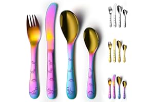 Evanda Regenbogen Kleinkinderbesteck, Regenbogen Titan beschichtet 4 Stück Edelstahl Kleinkinderbesteck Set, Kinderbesteck Gabeln und Löffel, spiegelpoliert glatt rundes Geschirr und spülmaschinenfest