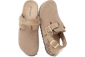 YUHITYGZGS Corduroy Clogs Fuzzy Women Men Mules with Back Strap, Leather Closed Toe Sandals, Soft Cork Footbed Adjustable Buckle Potato Shoes, Memory Foam Fleece-Lined Warm Slippers