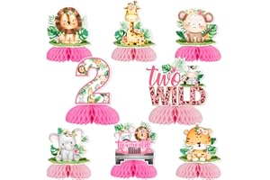 Jollyboom Two Wild Safari Party Decorations, 8PCS Pink Honeycomb Centerpiece for Girl 2nd Birthday, Jungle Theme Animals Table Toppers for 2 Years Old Girls