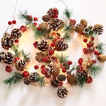 Luditek 6.5FT Christmas Garland With LED Lights - Red Berry Pine Cone Battery Operated For Fireplace Mantel Decor
