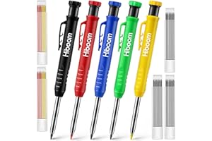 Hiboom 5 Matita Meccanica Carpentiere, 30 Ago Ricariche Indicatore di Foro Punta Naso con Temperamatite, Strumenti Lavorazione Legno, Architetto Disegno (Giallo, Rosso, Verde, Blu, Nero)