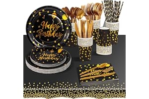 AIPartywar 193 Stück Partygeschirr Kindergeburtstag,24 Gäste Gold auf Schwarz Partygeschirr Party Set mit Becher Servietten Tischdecke Pappteller Geburtstag Mädchen für Party Geburtstag