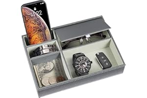 LN COZY CORNER PU Leather Valet Tray Organizer 5-Compartment Nightstand & Desk Catchall for Men/Women Storage Box for Phone, Wallet, Keys, Jewelry, Watch, Sunglasses 26 x 18.7 x 5.3 cm (Grey)