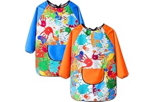 Banaone 2 Pezzi Grembiule da Pittura Bambini, Grembiulino Impermeabile Maniche Lunghe con Tasche per 6-12 Anni, Grembiule Asilo Bambina, Grembiule Scuola Elementare per Cucina Pittura Artigianato