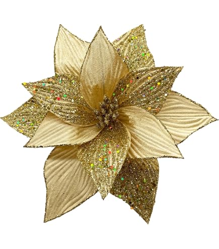 GL-Turelifes Fiori di Natale grandi glitterati da 25,4 cm, 6 pezzi, fiori di magnolia artificiali, in tessuto a rete, pieghevoli, per decorazioni per albero di Natale, Capodanno, feste e matrimoni