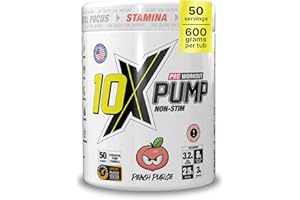 10X Athletic Non Stim Pre Workout No Caffeine Beta Alanine Creatine Sugar Free Vegan Low Calorie Various Flavours 600g 25/50 Servings (Peach)