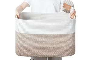 danpinera Aufbewahrungskorb 50L mit Ledergriffen aus Reiner Baumwolle, Aufbewahrung Groß Korb für Bad, Spielzeug & Wohnzimmer, Großer Aufbewahrungskorb für Decken, Kissen & Gästehandtücher, Weiß-Braun