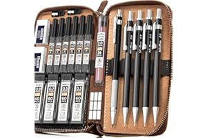 Nicpro 5 Pezzi Metallo Matite Meccaniche Set con Custodia in Pelle, Portamine 0,3, 0,5, 0,7, 0,9 mm e 2 mm con (4B 2B HB 2H) Ricariche Piombo (Nero e Colori), Matita per Disegno Artistico Schizzi