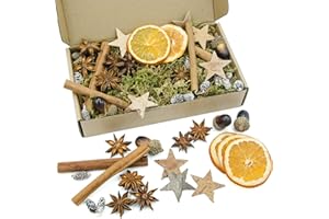 Apragaz Potpourri - Set di 52 decorazioni natalizie,corona dell'Avvento,decorazione naturale,con stelle di cocco naturale,fetta di arancia,cedro,anice,cannella,ghianda,delicato muschio giallo