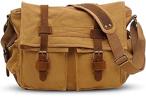 VARLIVOO Vintage Bolsos de Hombro para Hombre Bolsa de Mensajero 14 Pulgadas Laptop Bolsas Conmutar Viaje Maletín Colegio Trabajo Lona Caqui