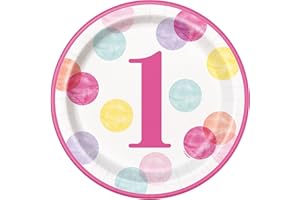 Unique 73285EU - Paper Plates - 23 cm - Pink Dots 1st Birthday Party - 8 Count (Pack of 1)