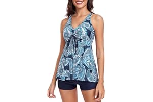 FLYILY Womens Print Strappy Tankini Sets Tummy Control Bathing Suits Cross Back Tankini Top Two Piece Floral Swimwear with Shorts