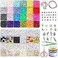 FEMBW 7048 Pcs Clay Beads Bracelet Making Kit with Letter & Smiley Face Beads and Pendant Charms 24 Colors Flat Round Polymer Clay Bead for Necklace Earring Jewelry DIY Craft