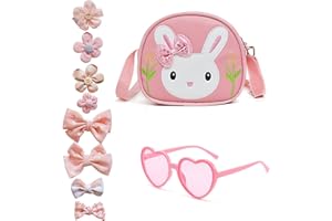 YqsIbth 10pcs Little Girls Handbag Set, Pink Rabbit Crossbody Bag with Heart Shaped Sunglass and 8 Bow Hair Clips, Cute Kids Shoulder Bags with Adjustable Strap for Birthday Gifts and Toys