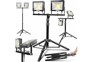 MASKO® Faretto LED da costruzione con treppiede, 100 W, doppio 2 faretti da 50 W, 6500 K, da lavoro, 5 m, per cantieri, per interni ed esterni, regolabile in altezza fino a max. 202 cm