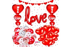 FANGOO Valentine's Day Balloons Decoration Set,Red Love Balloons Red Latex Balloons Confetti Balloons and Hearts Banner For Valentine's Day Wedding Anniversary Bridal Engagement Romantic Decoration