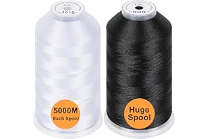 New brothread Conjunto de 2 (Blanco+Negro) Poliéster Bordado Máquina Hilo Grande carrete 5000M para todas las máquinas de bordado