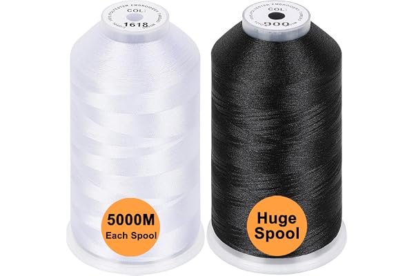New brothread Lot de 2 (Blanc+Noir) Polyester Fil machine à broder Énorme bobine 5000M pour toutes les machines à broder