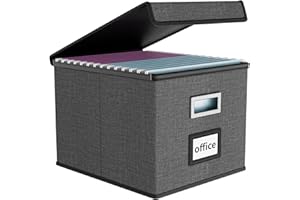 Finew Upgraded Portable File Organiser Box with Lid, Foldable Linen Hanging Filing Storage Boxes with Plastic Slide, Decorative Home/Office Filing System for File and Folders Storage (Dark Grey)