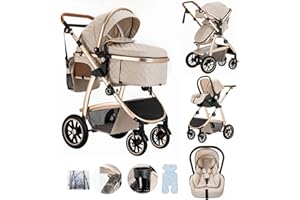 Lnhcrbs Poussette 3 en 1 Avec Siège Auto, Pram Bébé Compacte Réglable en Hauteur Avec Siège Auto,Poussette Face Parents Avec Moustiquaires,Sac Pour Maman, Porte-Biberon pour les bébés de 0-4 ans