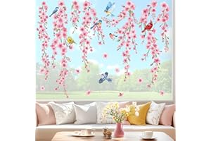wondever Cherry Blossom Flowers Window Clings Pink Floral Hanging Vine Birds Glass Sticker Decal Anti Collision Double-Side Static Window Stickers for Home Glass Window