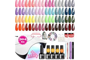 PHOENIXY Kit Unghie Gel Completo, 24 Pz 72 Effetti Kit Semipermanente Unghie con Lampada UV/LED 36W Lucido e Top Coat Opaco, Rosa Giallo Rosso Set Smalto Semipermanente