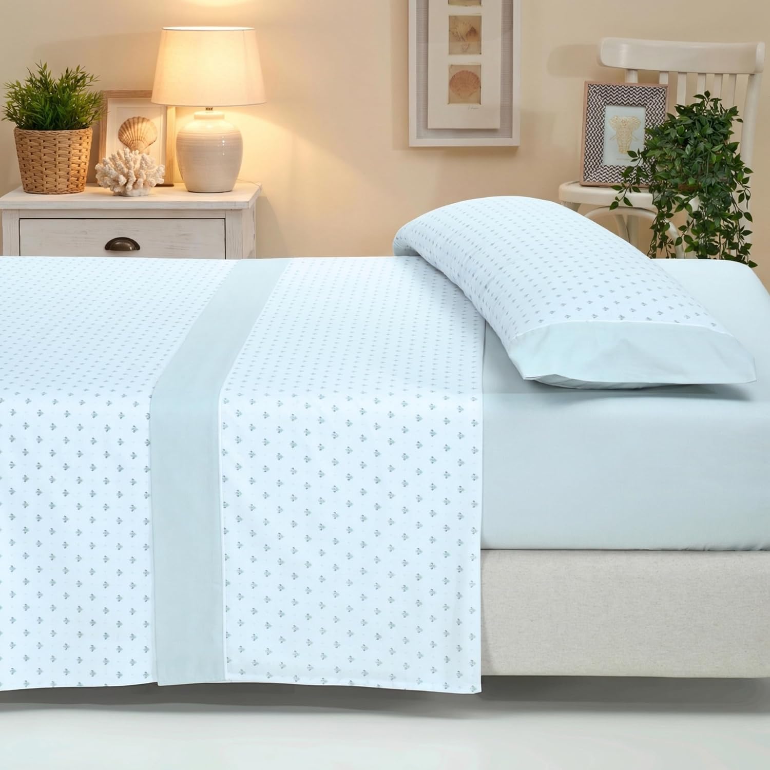 Sábanas 90x190 - Juego de Sábanas 3 Piezas - Algodón y Poliéster - Sábana Bajera Ajustable hasta 30 cm, Encimera y Funda Almohada - Ropa de Cama Estampada Suave y Transpirable (Lira Verde)