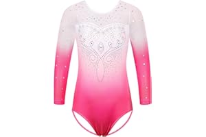 HUAANIUE Justaucorps Fille 3-14 Ans, classiques sans manches & manches 3/4, strass symétriques, dégradés, extensible & respirant, idéal pour gymnastique, danse, ballet