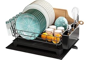 MAJALiS Dish Drainer Rack, Large Dish Drainer for Kitchen Counter, Stainless Steel Dish Rack with Utensil Holder and Dryer Mat, Kitchen Sink Draining Board Rack (Black - One Tier)