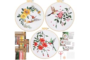JSRQT 3 Piezas Kit de Inicio de Bordado Flores Pájaros Kits Punto de Cruz Embroidery Kit para Principiantes Adultos Bordado de Mano Cross Stitch a Mano Hilos de Colores y Herramientas Manualidades