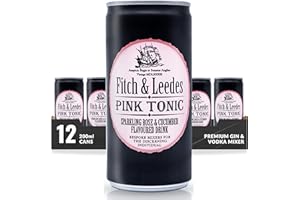 Fitch & Leedes Sugar-Free Pink Tonic Mixer for Spirits & Cocktails (12 x 200ml) – Ideal for London Dry, Citrus, African Botanical, and Floral Gins, Offering a Delicate Balance of Rose and Cucumber