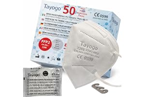 Tayogo FFP2-masker 50 st., CE 0598, 5 lager, filtrering ≥99,5%, andningsskydd, individuellt förpackade, hypoallergena, luktfria, bekväma, vita, skydd mot fint damm och aerosoler + öronkrok