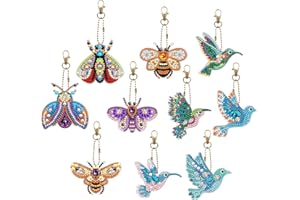 Kinsinder 10Pcs 5D DIY Diamond Art Painting Keychain Kit, Double Sided Full Drill Rhinestone Painting Key Chains Pendant for Women Purse Backpack Handbag Accessories Decor (Birds + Insects)