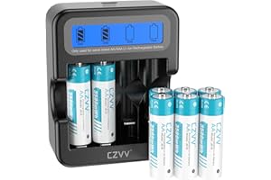 czvv Piles Rechargeables Lithium AA 1,5V - LCD Chargeur avec 8 Pack Accu Haute Capacité 3500 mWh - Ultra Rapide 2H, Longue Durée 10 Ans, 1300 Cycles, Faible Auto-décharge, Aux Souris, Manettes de Jeu