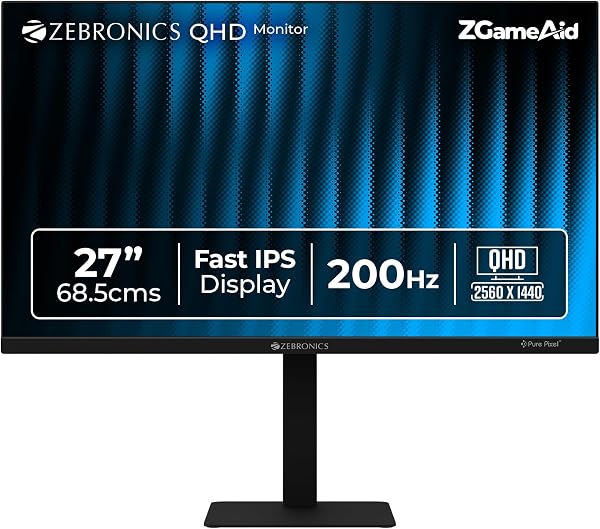 Zebronics 27" QHD Bezel-Less Gaming Monitor, 200Hz Refresh Rate, 1ms MPRT, Fast IPS, 300 Nits, 120% sRGB, 1.07B Colors, Height, Pivot, Tilt, Swivel Adjustment,