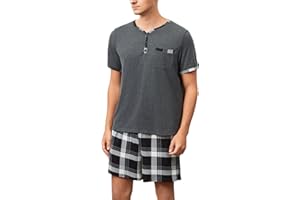 Yukiuiny Pijamas Hombre Verano Algodón Botones Cuadros Camiseta Pantalón Corto Elástico Set y Ropa de Dormir Manga Corta Entretiempo Tops Cómodo