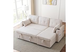 Wyibwy, Sofá de 3 plazas, sofá cama en forma de L, con portavasos y dos compartimentos de almacenamiento, tejido de algodón y lino, 211 x 129,5 x 86cm, para salón/apartamento, beige