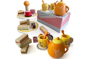 Bee Smart Wooden Tea Set - 17 Piece | Kids Pretend Afternoon Tea Party Playset with Cake, Stand, Teapot, Food & Accessories | For Toddlers Role & Imaginative Play | Birthday Gifts for Boys or Girls
