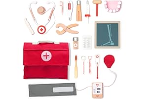 umu UMU Mallette de médecin en bois pour enfant stéthoscope, tensiomètre, accessoires dentiste et plus encore, mallette de docteur, jouet pour jeu de rôle, kit médical pour enfants à partir de 3, 4,