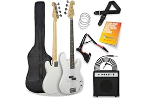 3rd Avenue Full Size 4/4 Electric Bass Guitar Beginner Pack Kit with 15W Amplifier, Bag, Cable, Strap, Stand and Spare Strings – White