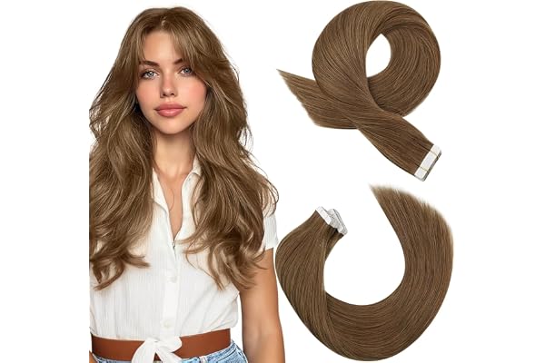 Moresoo Extension Cheveux Naturel Adhesif Brun Clair 45 cm Remy Humain Extension Adhesive Cheveux Naturel Invisible Châtain #8 20 Pièces 50g