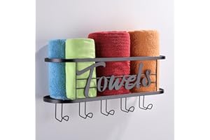KEGII Towel Storage Rack Wall Mounted with 5 Hooks, Rolled Bath Hand Towel Holder, Black Bathroom Decor, Stainless Steel Shelf Organiser