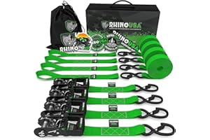 Rhino USA Ratchet Straps Tie Downs (4-Pack) - 2.5cm x 4.6m (800kg Break Strength) - Ultimate Tie Down Straps with Safety S Hooks - Premium Straps for Trucks, Cargo, Moving, Appliances - Green