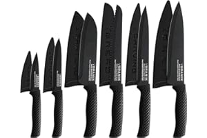 BRANIK Titanium Series 6-Piece Black Kitchen Knife Set – Non Stick, German Stainless Steel Chef Knives with Ultra-Sharp Blades, Ergonomic Handles & Protective Sheaths – Professional Kitchen Knives