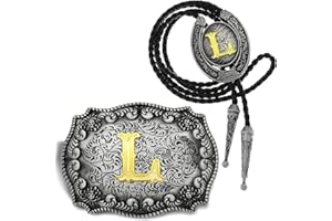 Yjfeshion 2 Pieces Western Cowboy Belt Buckle Bolo Tie Set Golden Initial Letter ABCJ to Z Rodeo Belt Buckles for Women Men