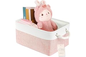 JUNLAI Storage Baskets with Handles, Foldable Small Storage Box, Fabric Wardrobe Storage Basket for Office & Home, Book, Clothes, Toys(Pink and White, Small)