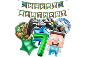 BITOWO Minecraft Birthday Decorations 7 Year Happy Birthday Balloon Banner Minecraft Foil Balloons for Boy Birthday Balloons Cartoon Funny Happy Birthday Party Supplies Gaming Theme Party Supplies Decoration